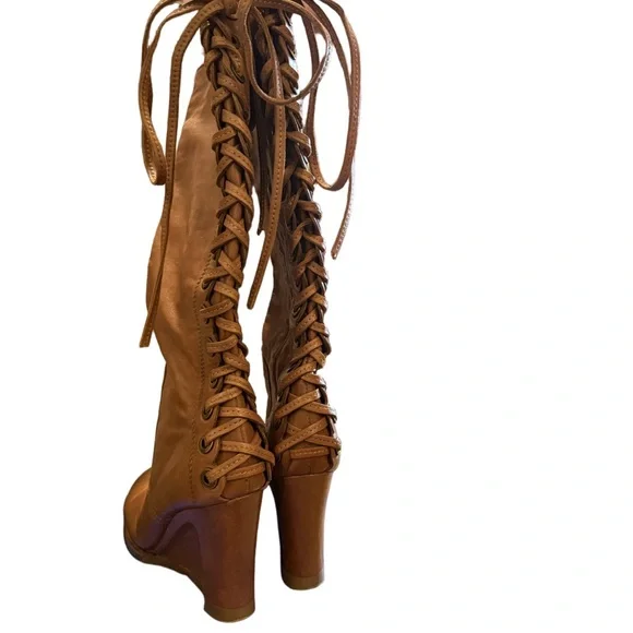 Apepazza Italian Leather Lace Up Knee High Tan EU 40 US 9 - Picture 5 of 11